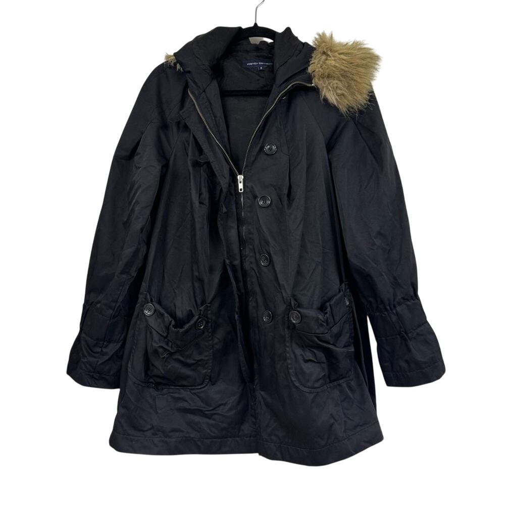 French Connection Black Womens Parka Hooded Coat 6 Faux Fur Lined Warm Winter